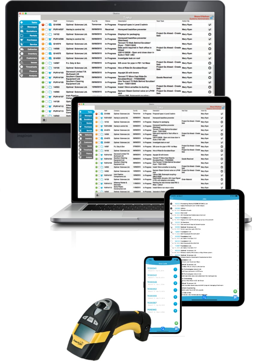 Obatics business management software across desktop, laptop, tablet, mobile and barcode scanner