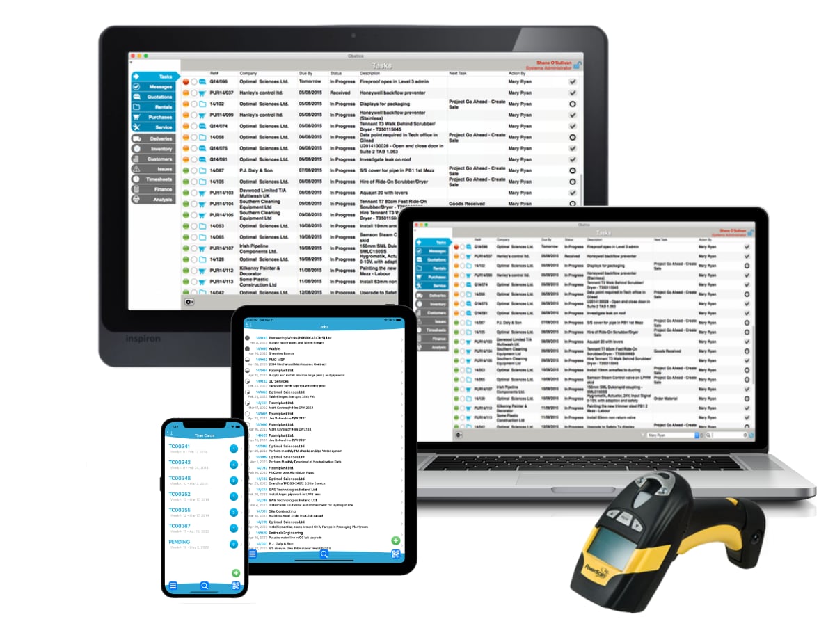 Obatics business management software across desktop, laptop, tablet, mobile and barcode scanner